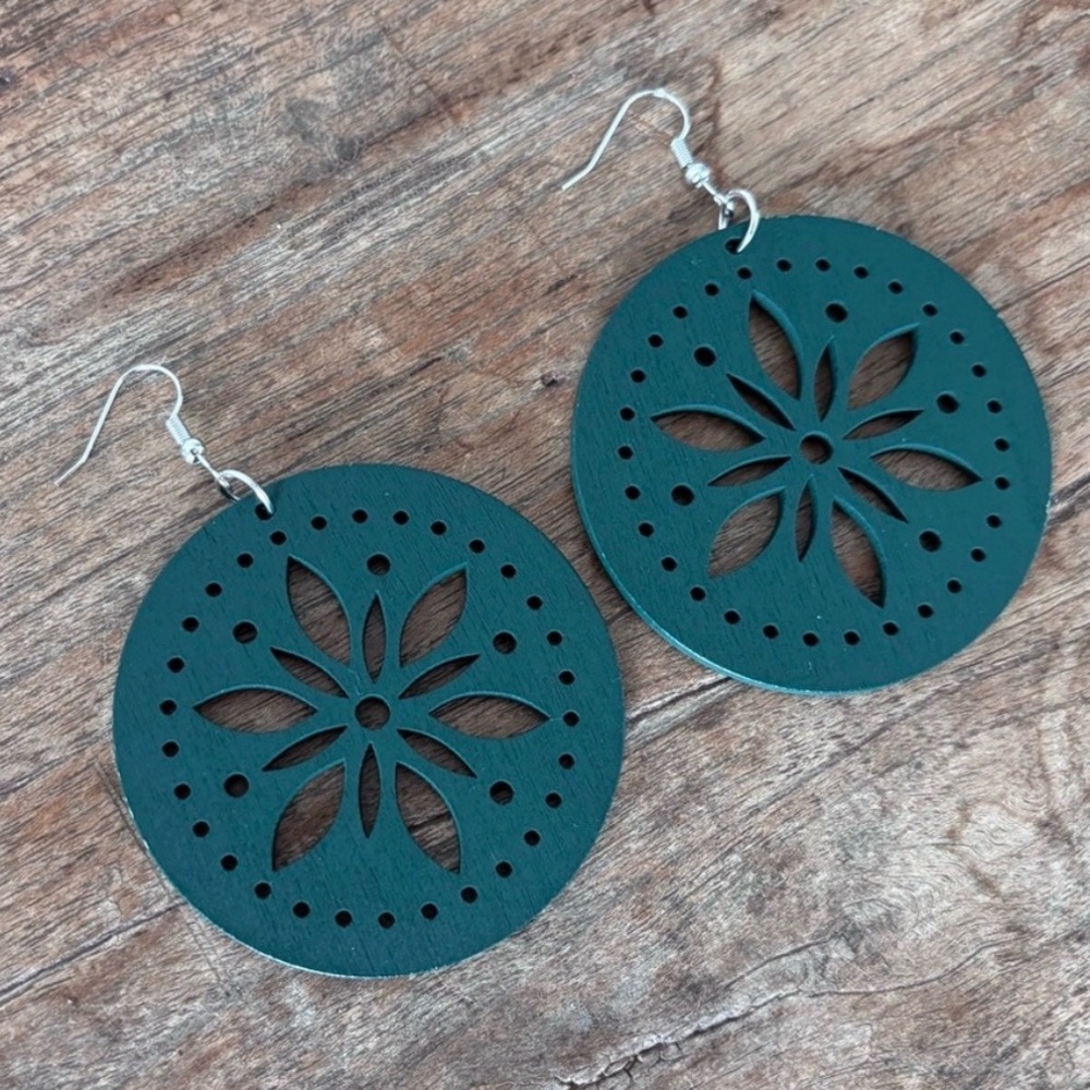 Forest Green Wooden Mandala Cutout Drop Earrings | Lightweight Statement Jewelry